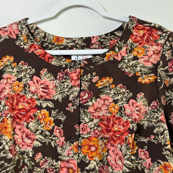 Denim & Co Button Front Top Size 1X Brown Multi Floral Print Long Sleeve A282231 - Picture 2 of 10